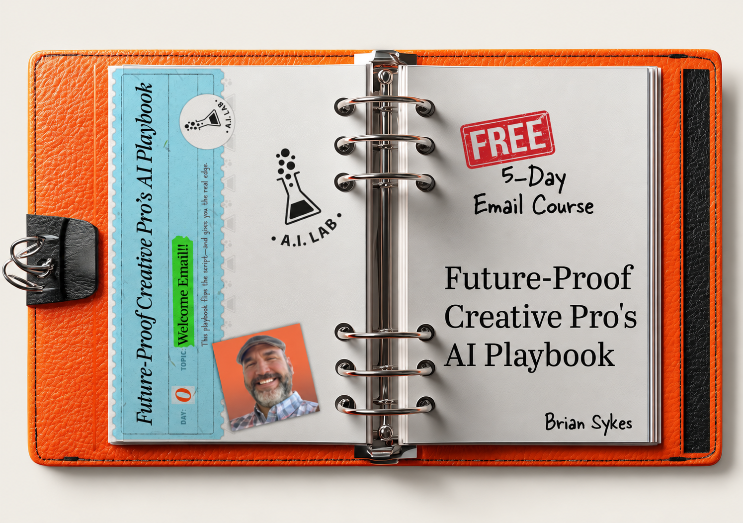 The Future-Proof Creative Pro’s AI Playbook, a free 5-day email course from AI LAB, shown as an open planner